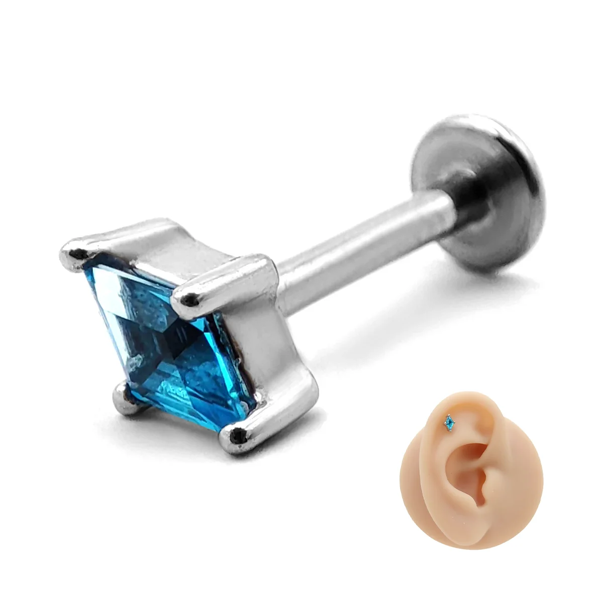 Piercing de Oreja Acero Plateado Rombo Cristal Color