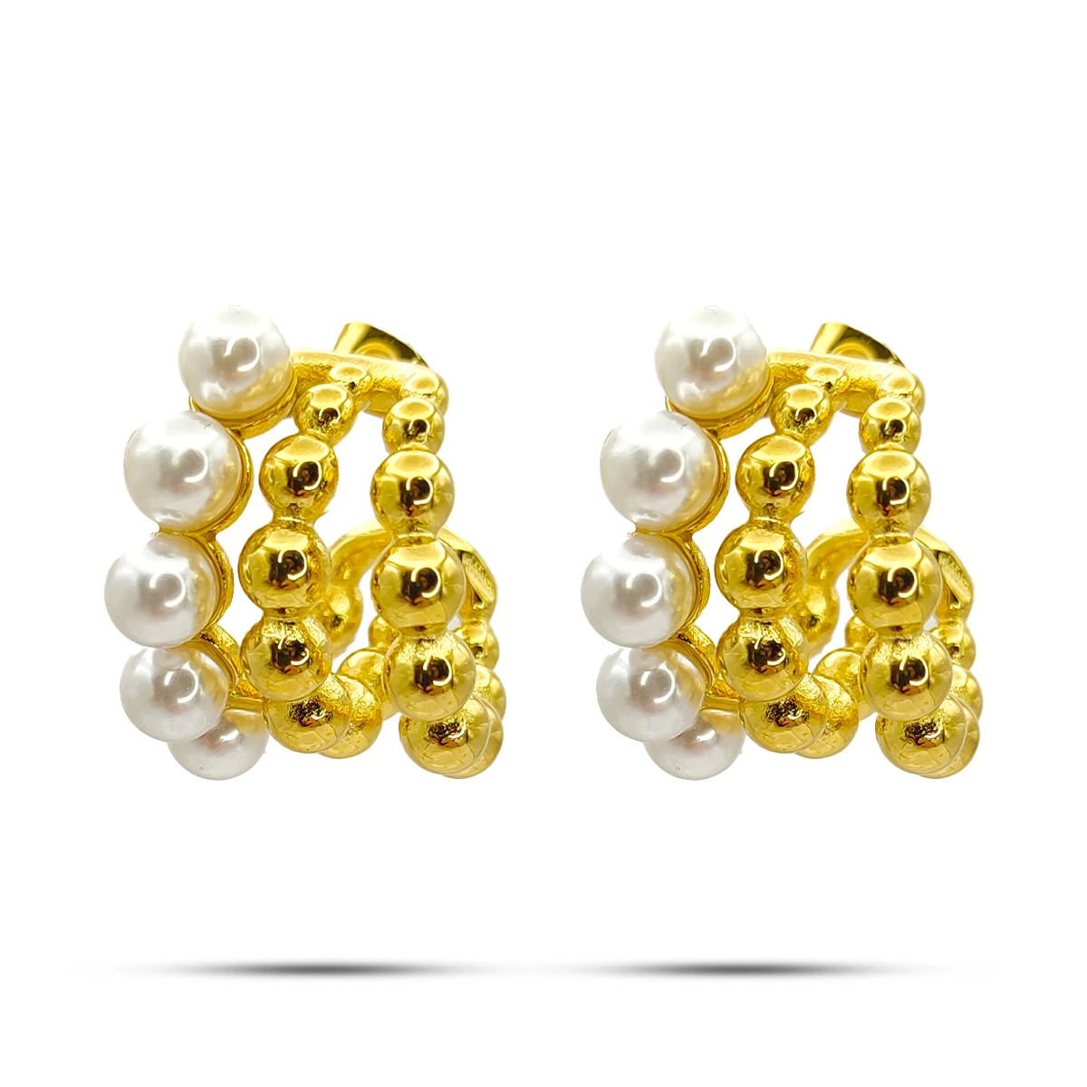 Aretes Acero Dorado Triple Arracada Perlas Balines 28 mm