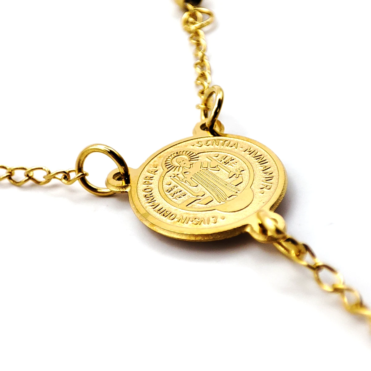 Rosario Acero Dorado Medalla San Benito Cruz 32 mm
