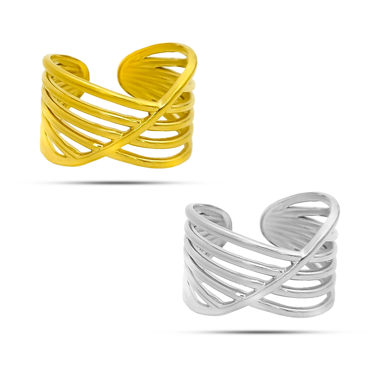 Anillo Acero Inox Dorado Cruzado Ajustable Minimalista