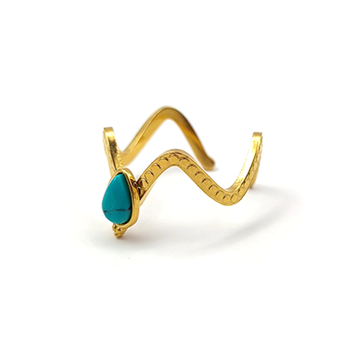 Anillo Acero Inox Dorado Ajustable Slim Zig Zag Turquesa