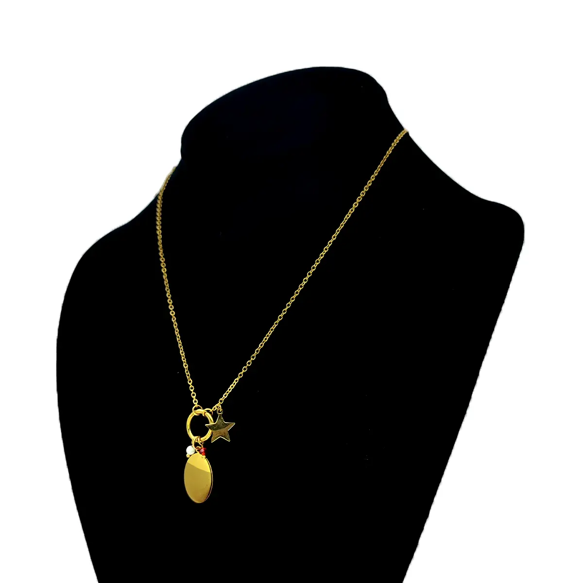Collar Acero Dorado Argolla Charms Ovalo Liso Estrella