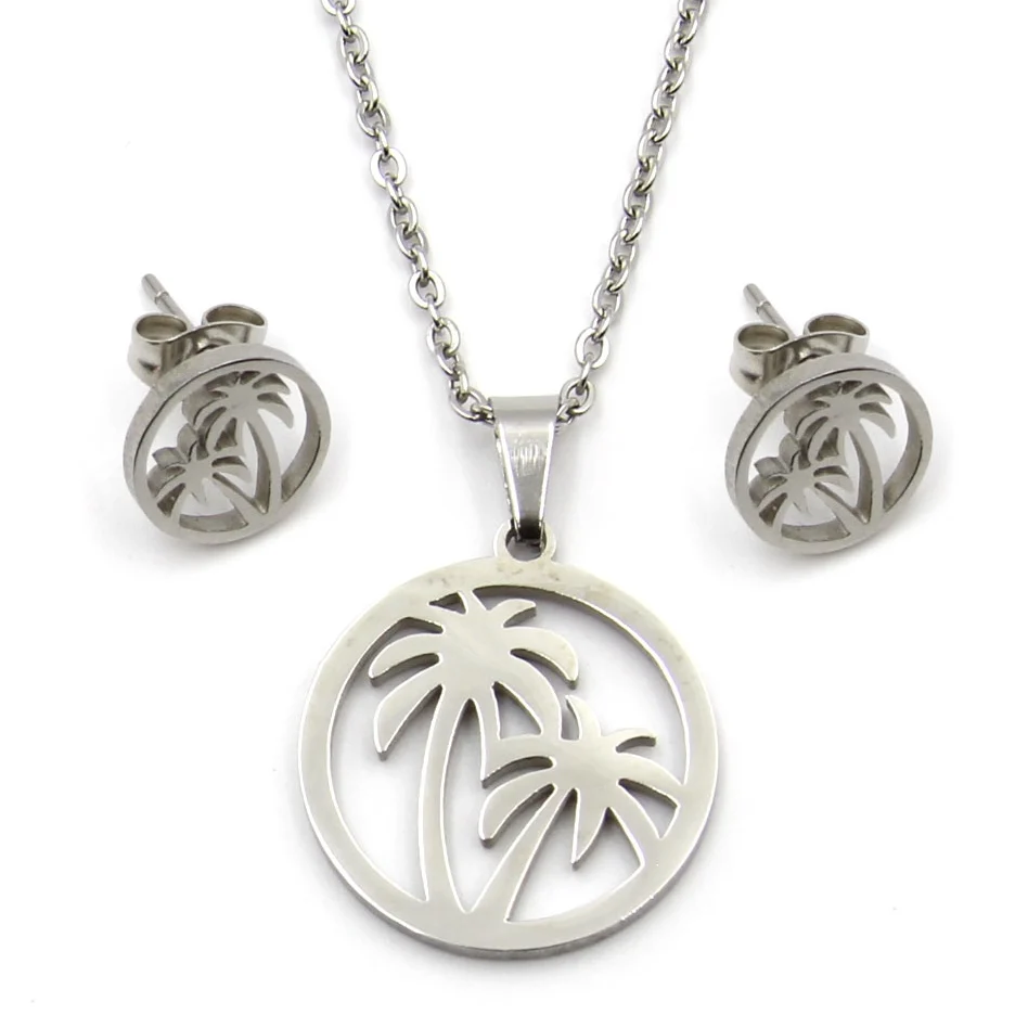 Set Joyeria Acero Plateado Cadena Aretes Dije Palma Playa