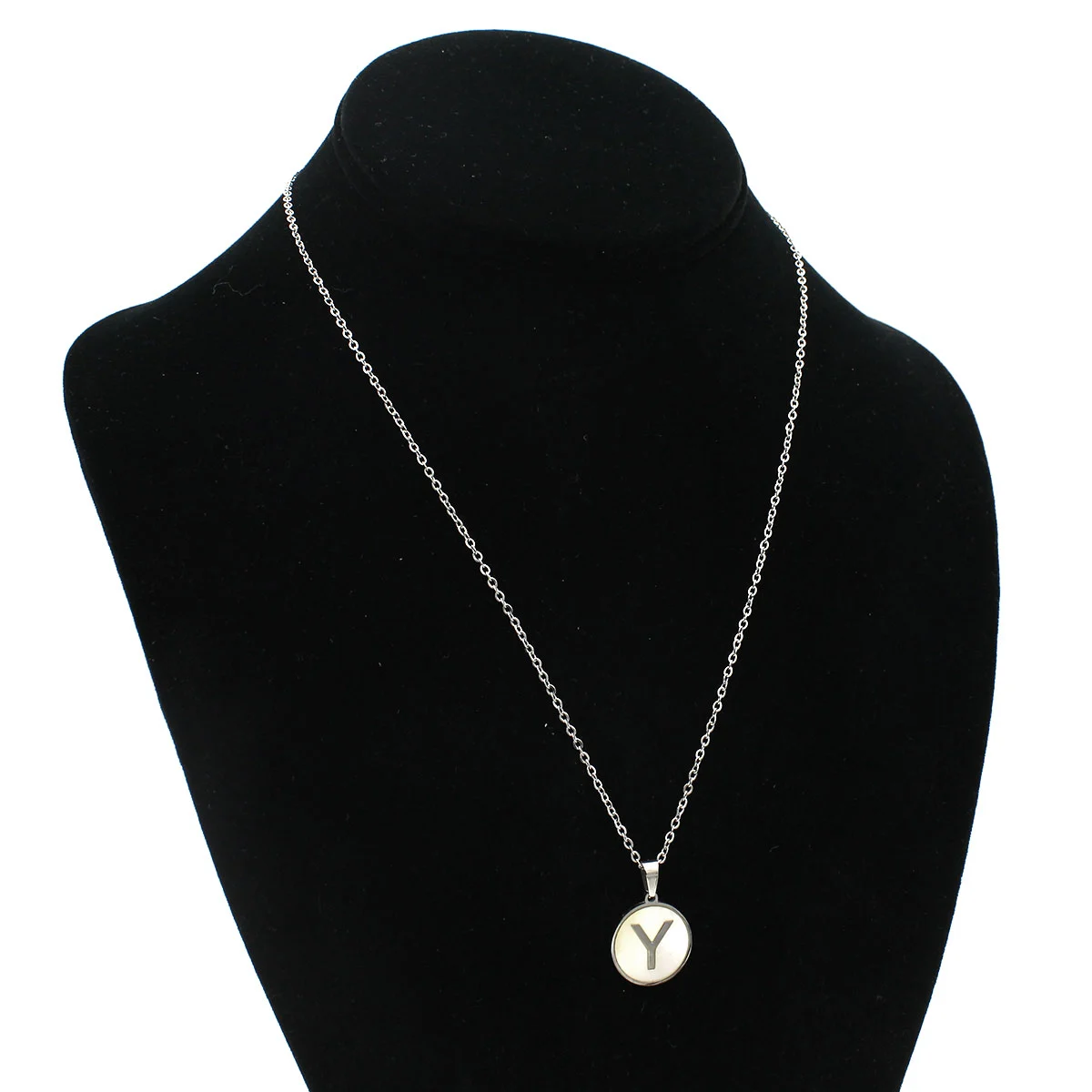 Collar Acero Plateado Circular Letra Y Madre Perla