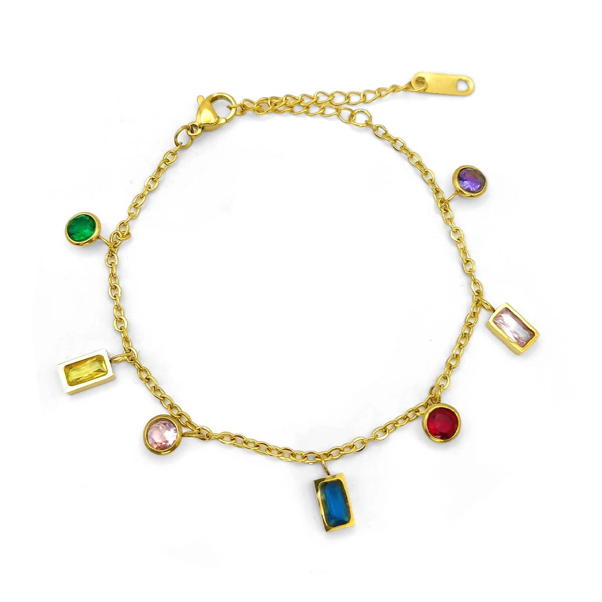 Pulsera Acero Dorado Cristales Circulares y Rectangulares