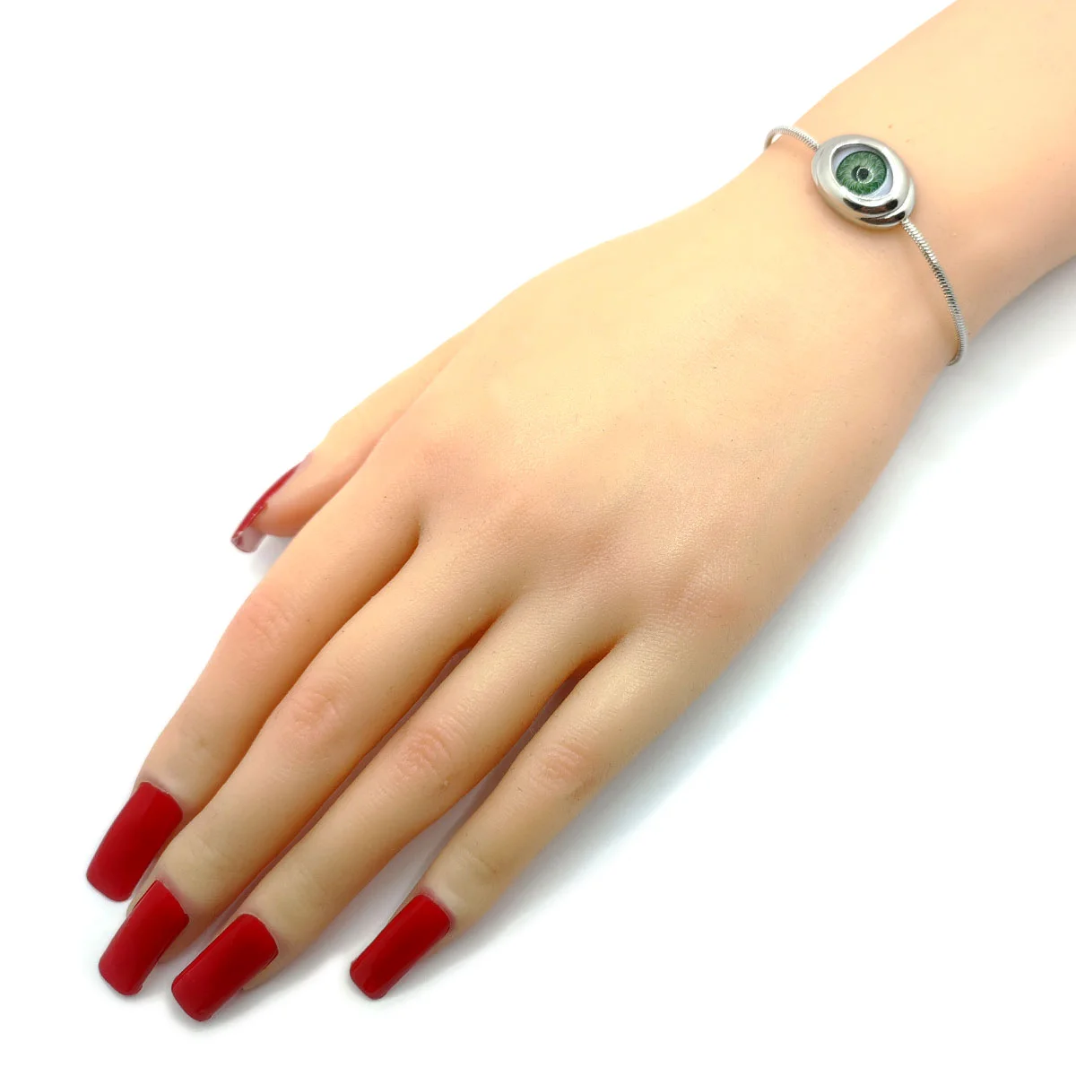 Pulsera Acero Inox Plateado Ojo Verde Realista Ajustable