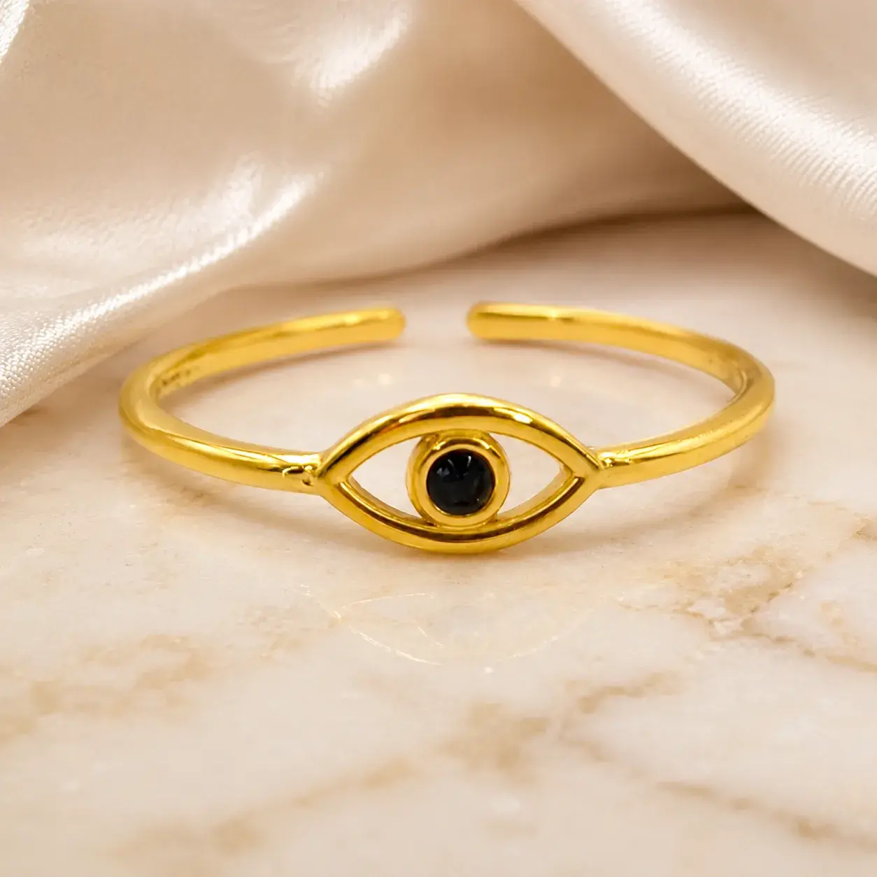 Anillo Acero Dorado Ojo Pupila Cristal Negro Ajustable