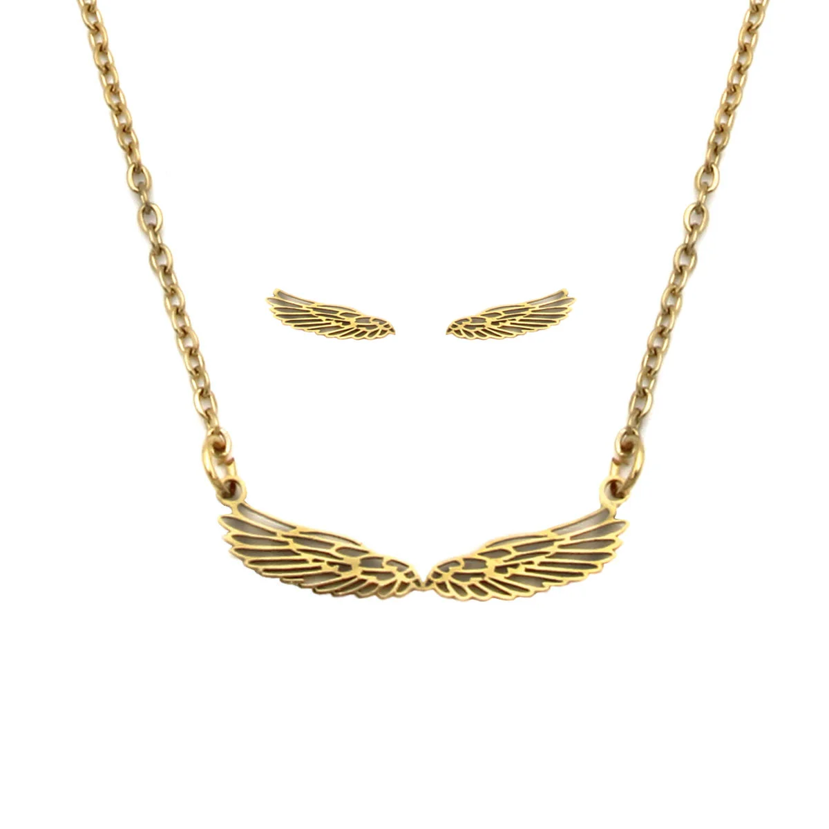 Set Joyeria Acero Dorado Alas Abiertas Angel Silueta