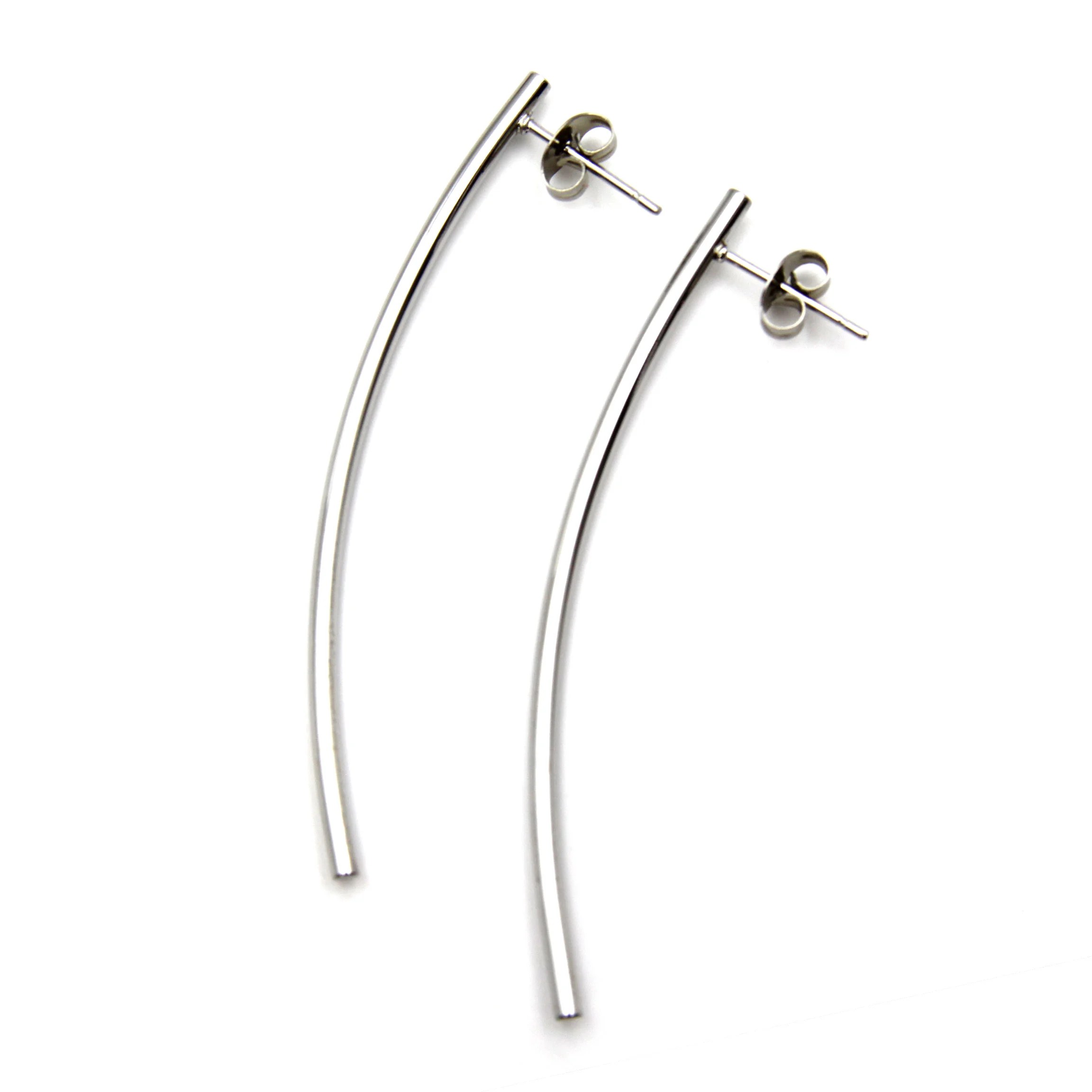 Aretes Acero Plateado Barita Tubular Curva Larga