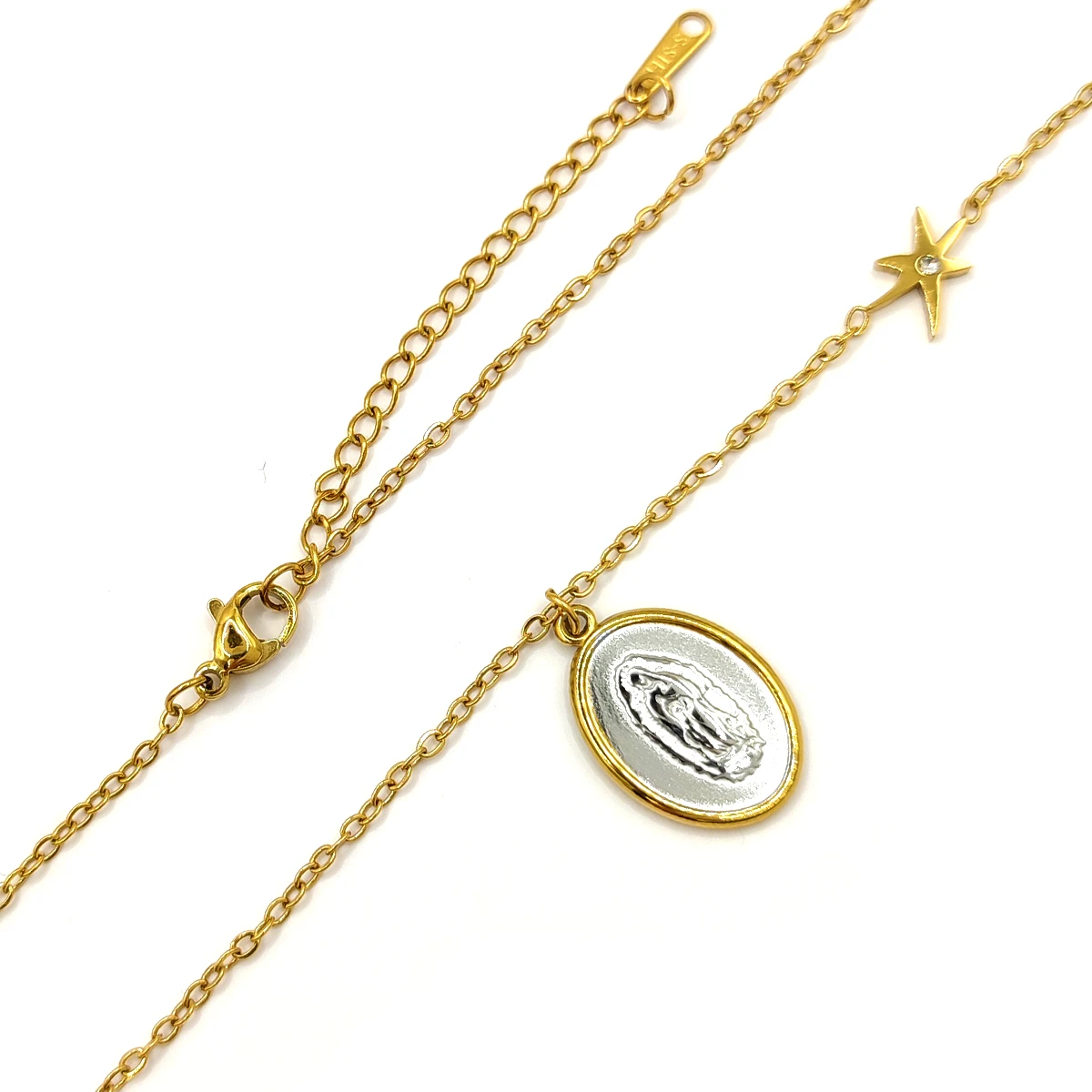 Collar Acero Bicolor Medalla Virgen de Guadalupe Estrellas