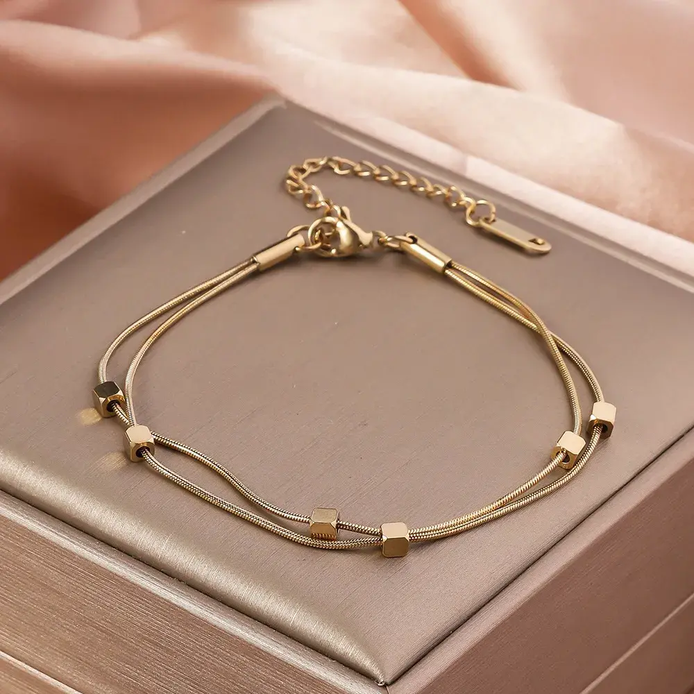 Pulsera Acero Dorado Doble Cola de Rata Delgada Cubos