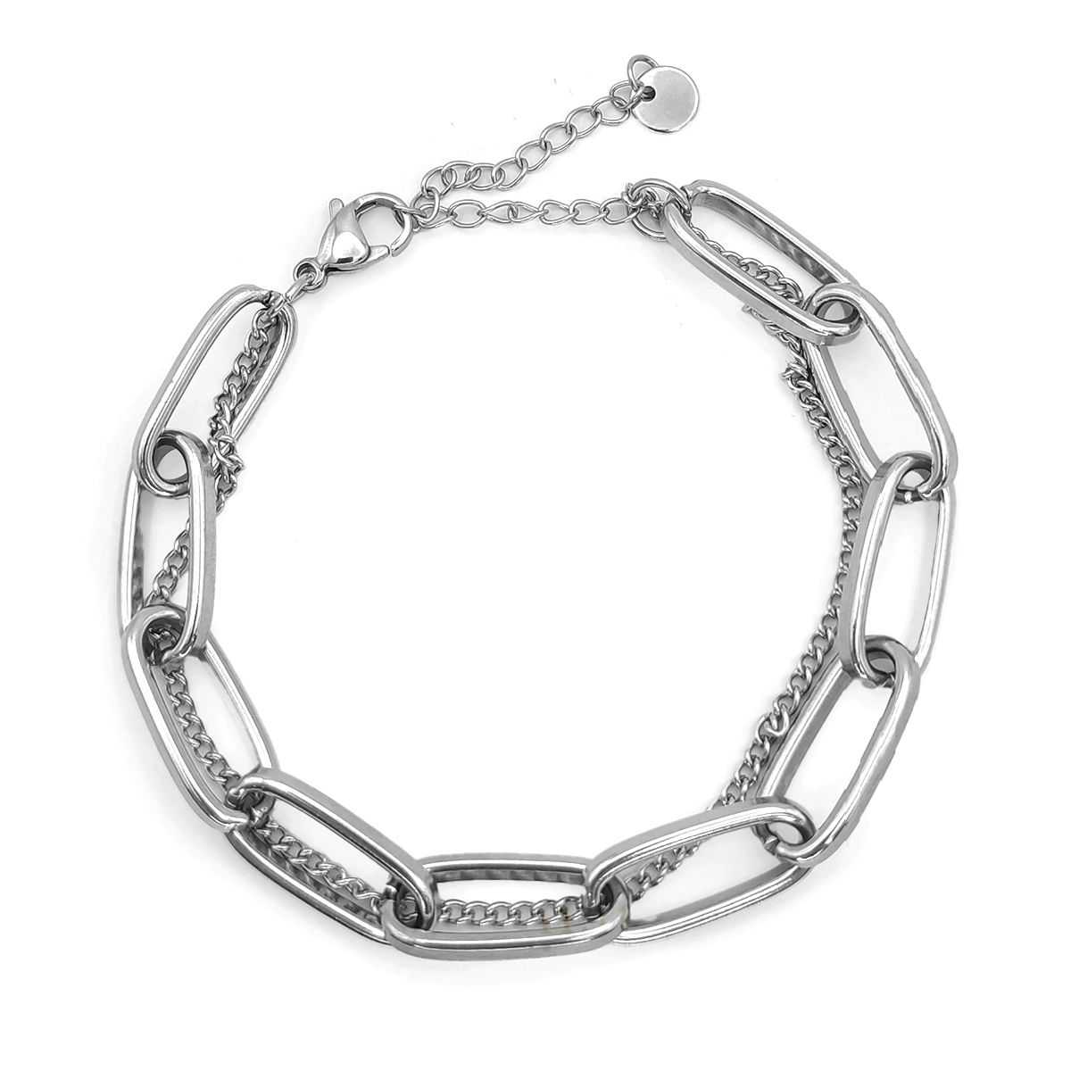 Pulsera Acero Plateado Doble Eslabon Largo Ancho y Cubana