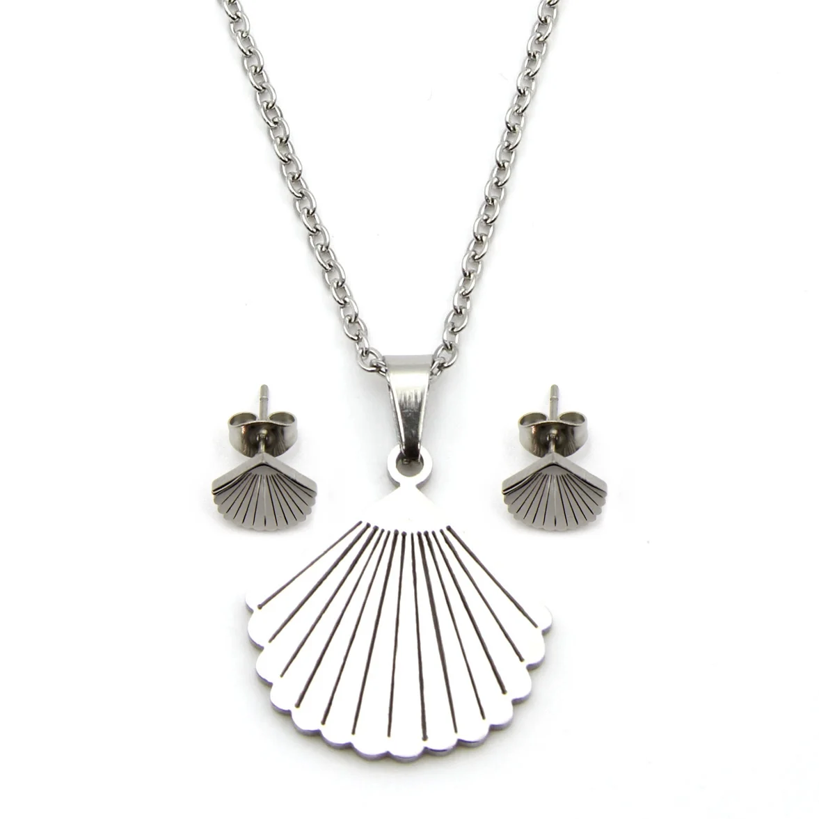 Set de Joyeria Plateado Cadena Aretes Dije Concha Marina