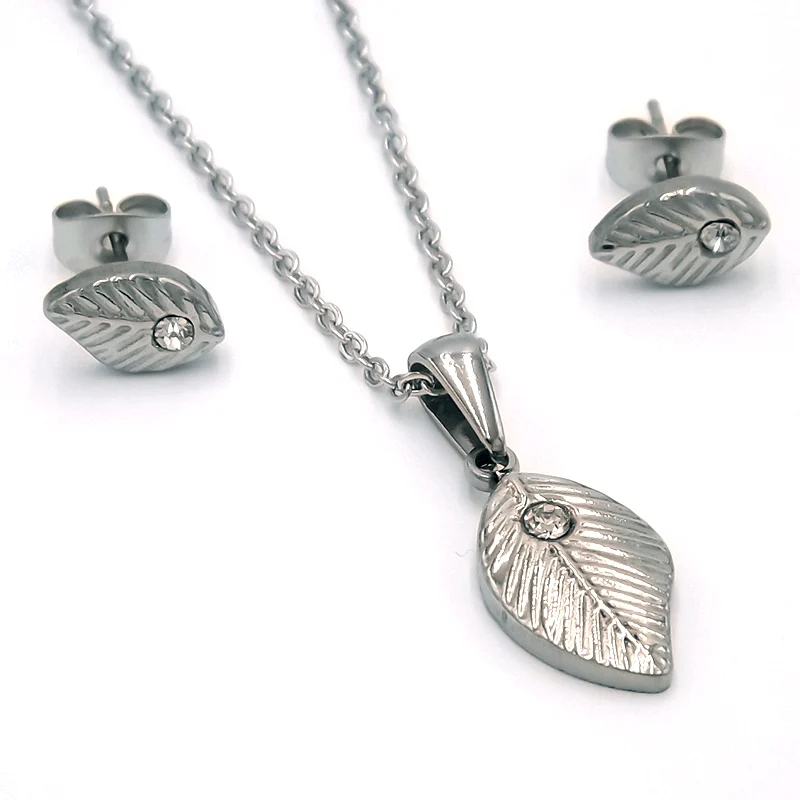 Set de Joyeria Acero Plateado Hoja Bombancha c/ Cristales