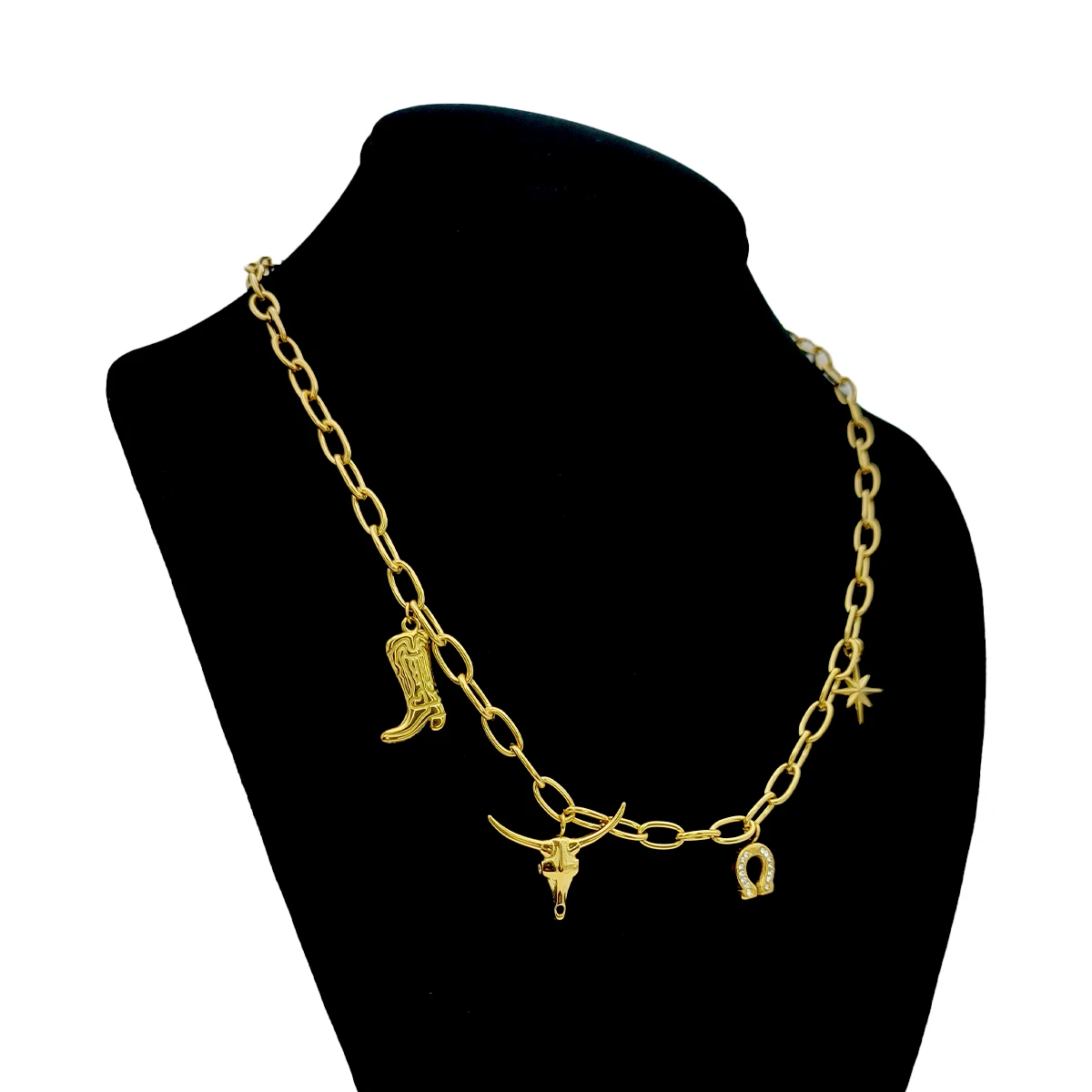 Collar Acero Dorado Colgantes Vaqueros Toro Herradura