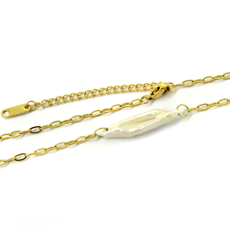 Collar Acero Dorado Piedra Madre Perla Natural Horizontal