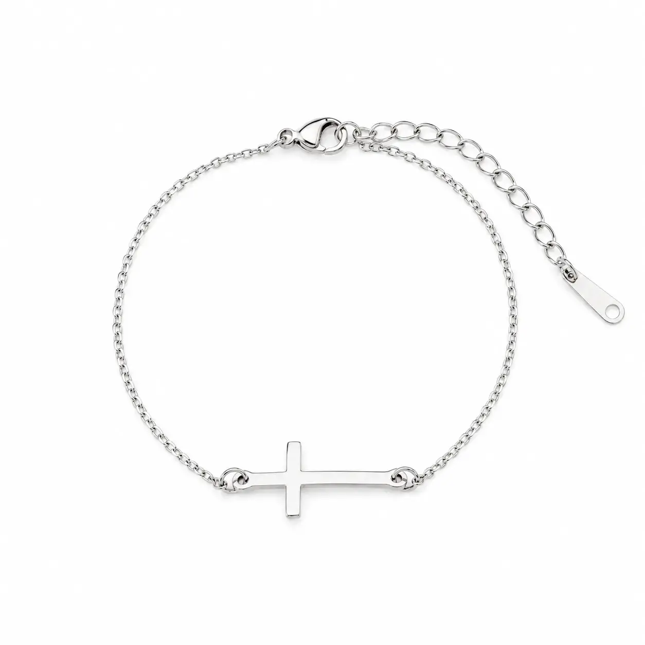 Pulsera Acero Plateado Simbolo Cruz Lisa Sencilla