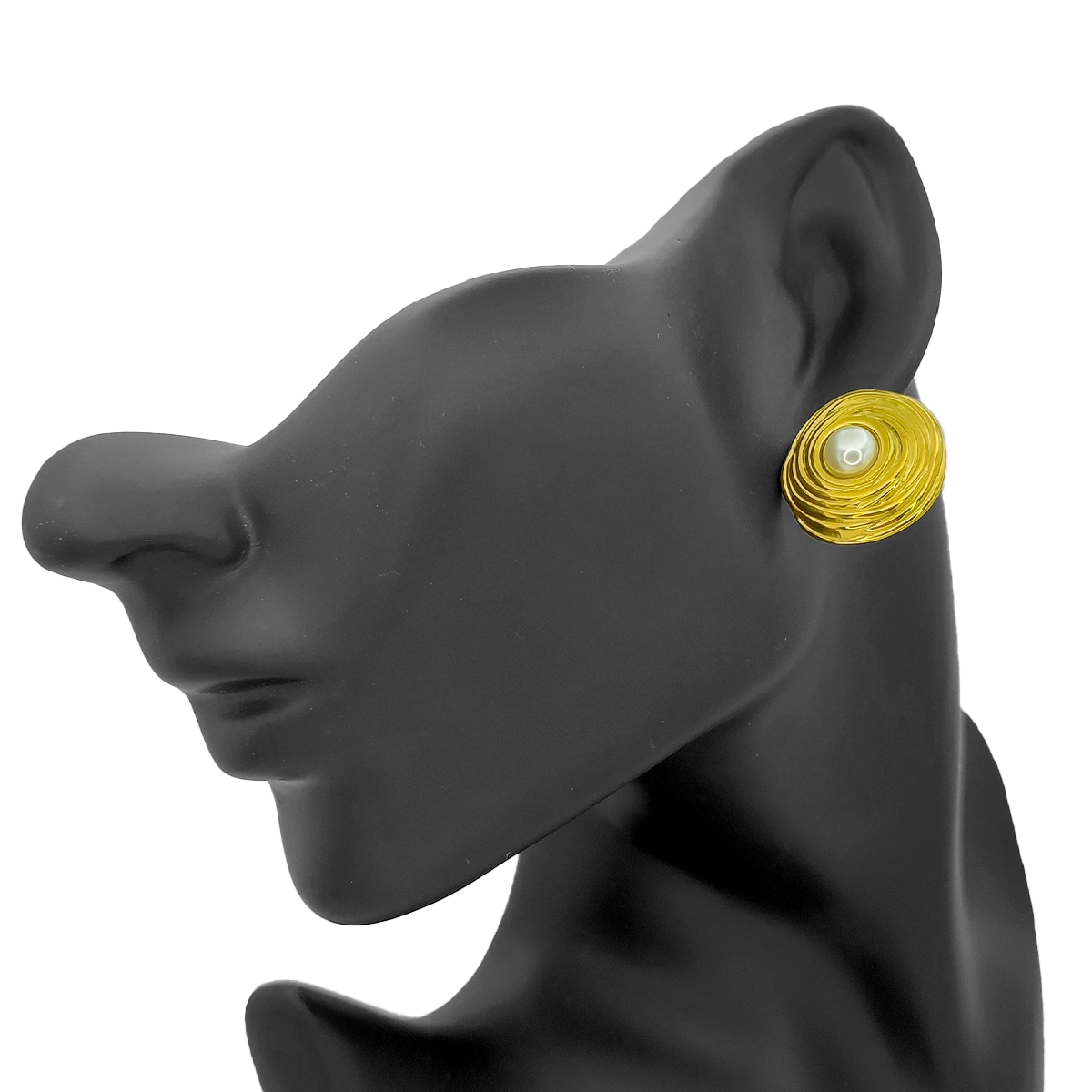 Aretes Acero Dorado Redondos Perla Enmarcada Surcos