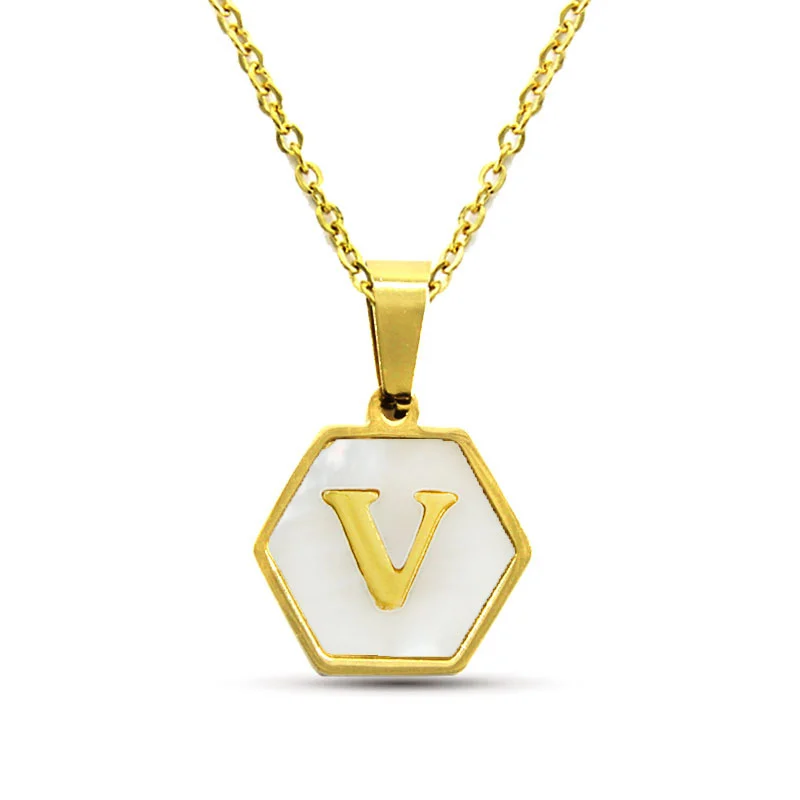 Collar Acero Inox Dorado Hexagonal Letra V Madre Perla