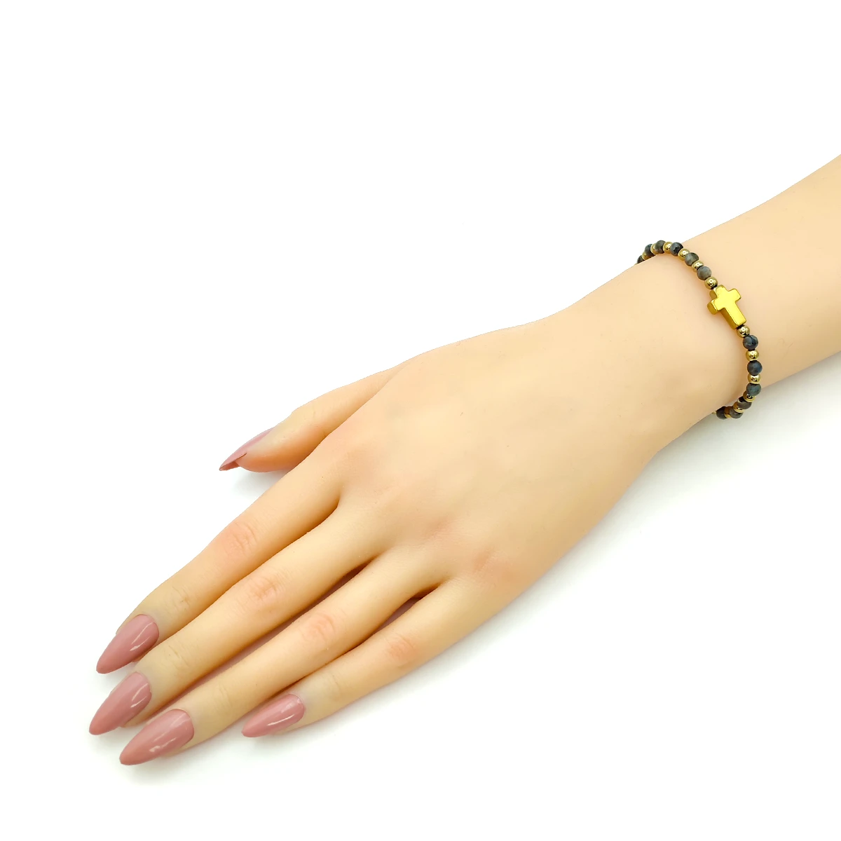 Pulsera Acero Dorado Labradorita Natural Cruz Elastica