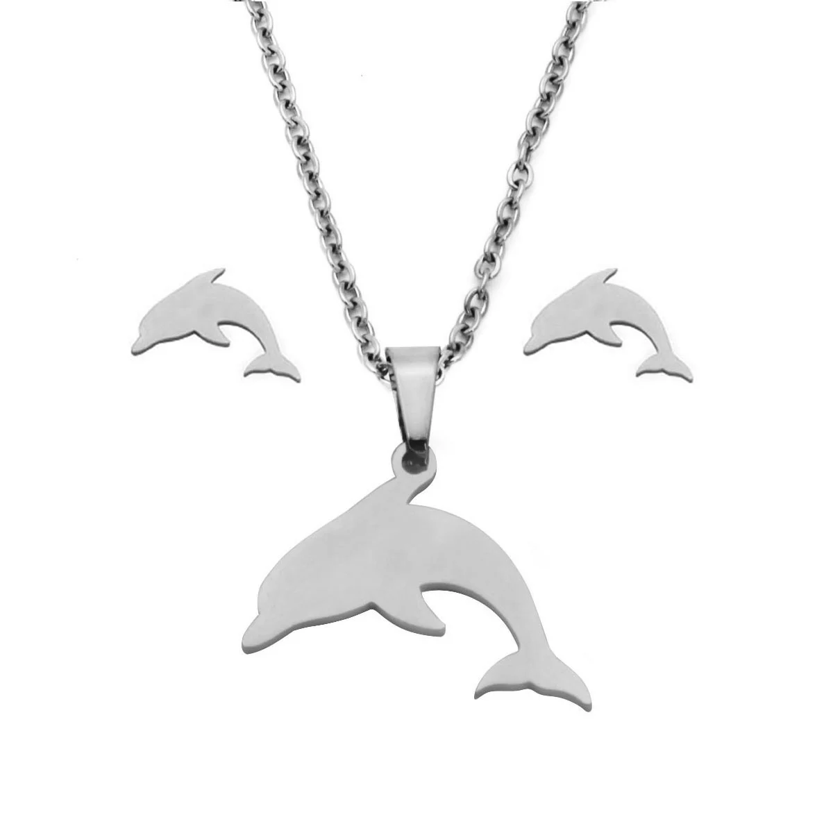 Set Joyeria Acero Plateado Delfin Simbolo Sabiduria