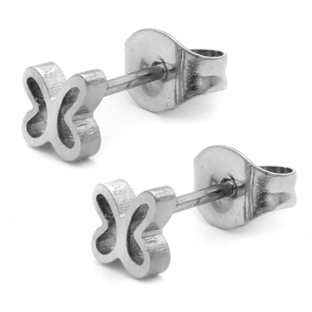 Arete Tipo Broquel Acero Plateado Silueta Mariposa Mini