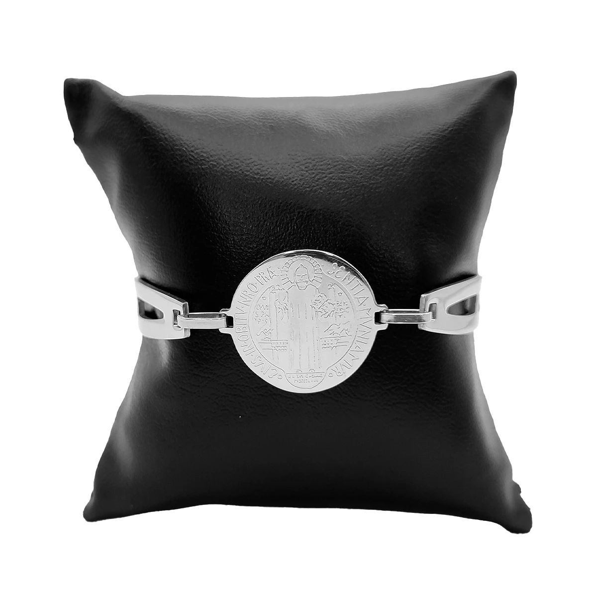 Pulsera Acero Plateado Semi Brazalete Medalla San Benito