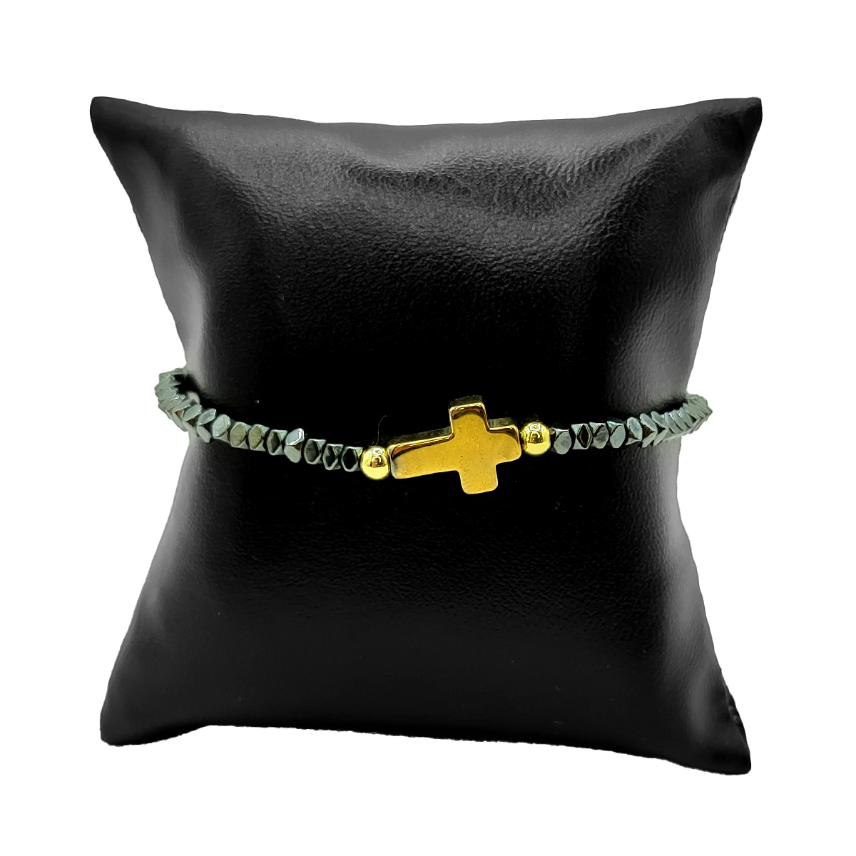 Pulsera Acero Dorado Hematita Natural Cruz Elastica