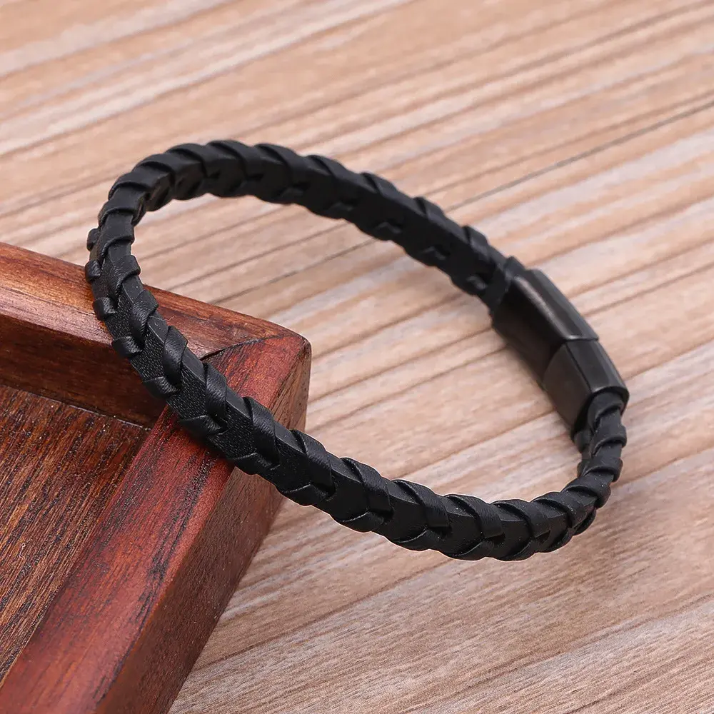 Pulsera Acero Negro Piel Lisa con Tejido Flecha