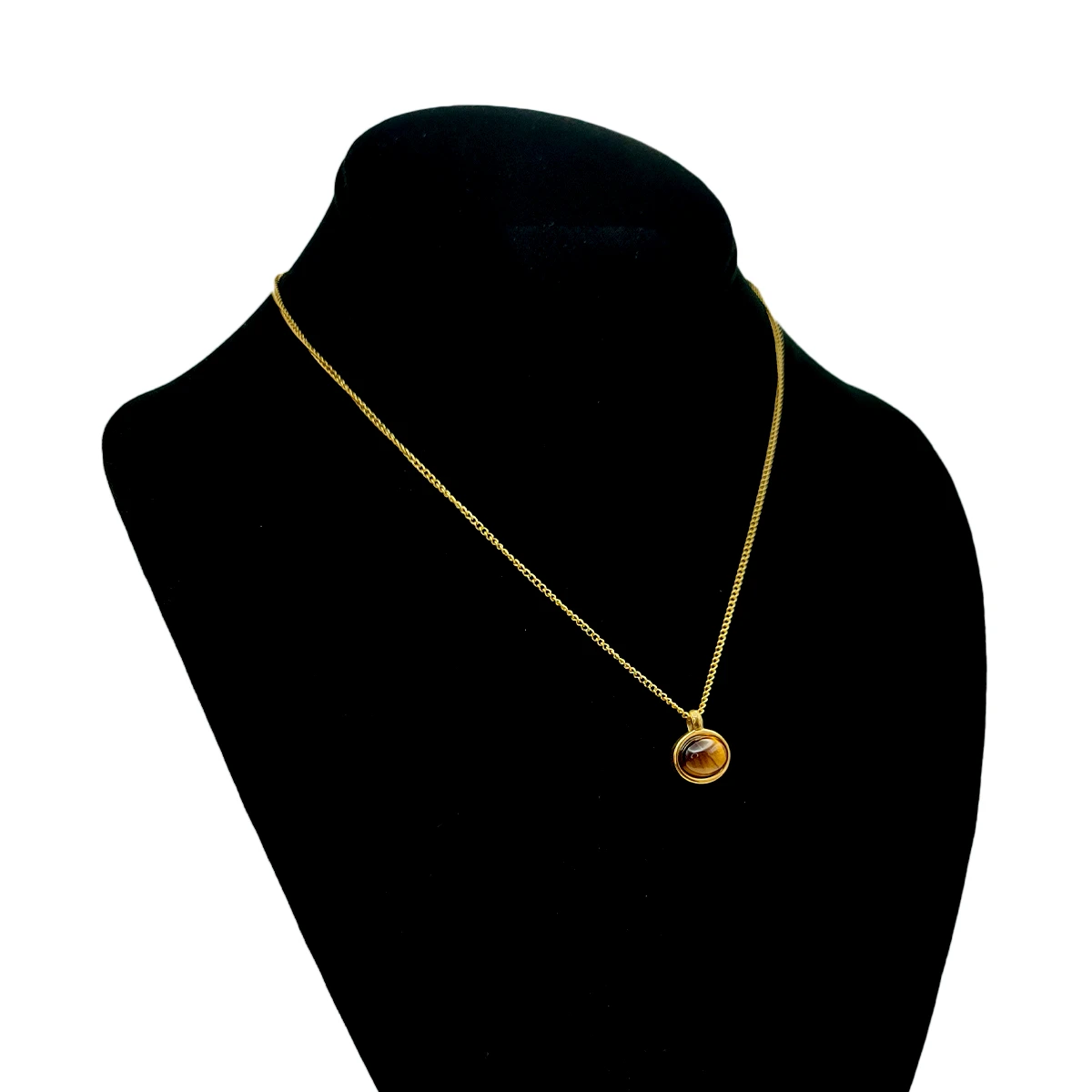Collar Acero Dorado Ojo de Tigre Natural Piedra Oval
