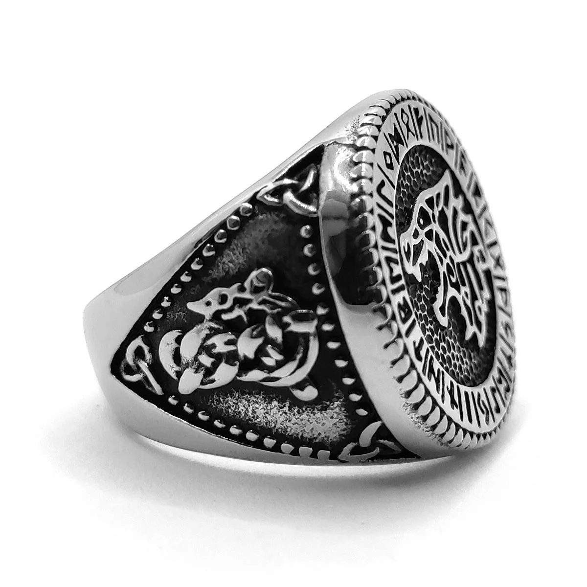 Anillo Acero Inox Plateado Lobo Vegvisir Runas Vikingas