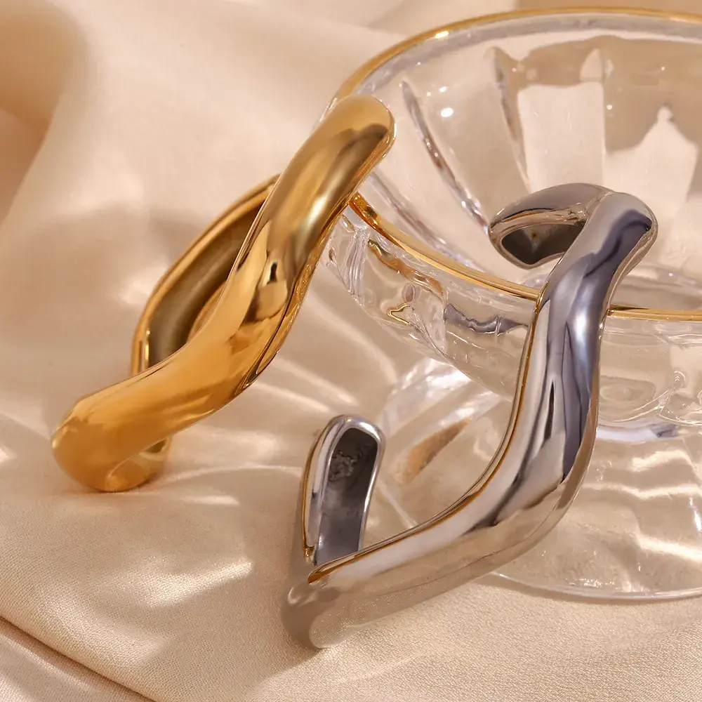 Pulsera Acero Dorado Onda Líquida Irregular Exagerada