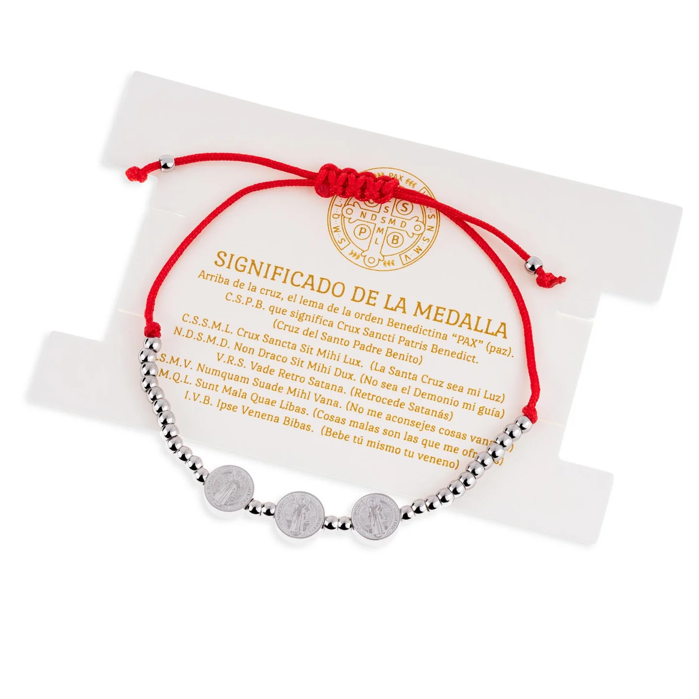 Pulsera Acero Plateado Triple Medalla San Benito Hilo Rojo