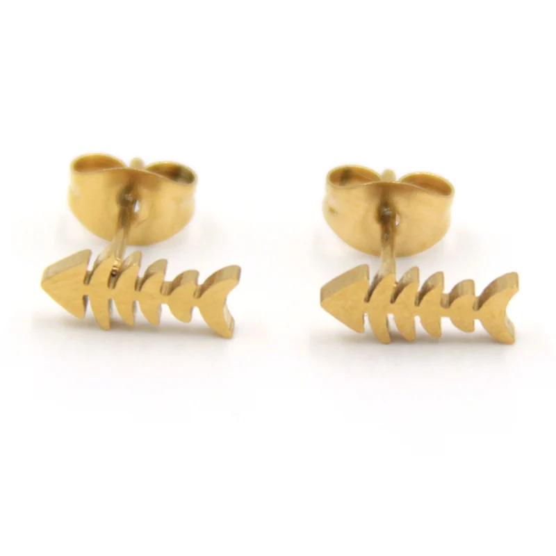 Aretes Tipo Broquel Acero Dorado Esqueleto de Pescado