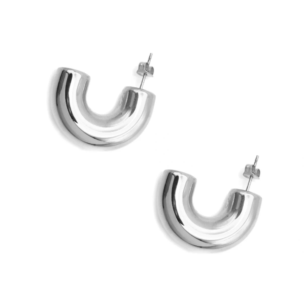 Aretes Acero Plateado Media Arracada En C Chunky Ligera