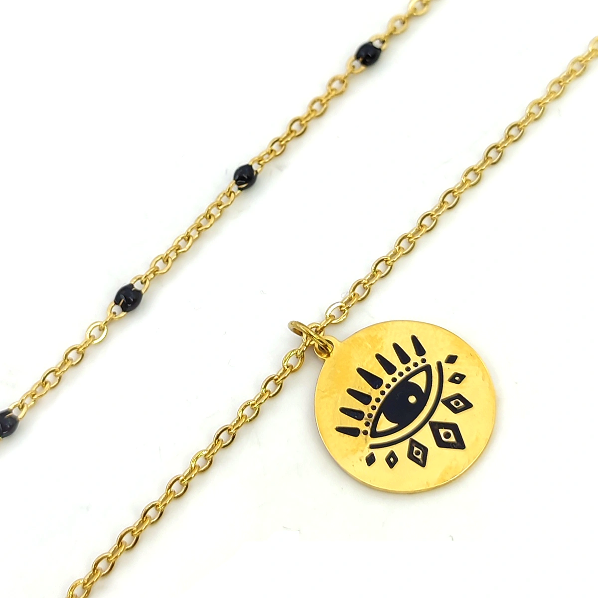 Collar Acero Dorado Doble Cadena Chaquira Negra Ojo