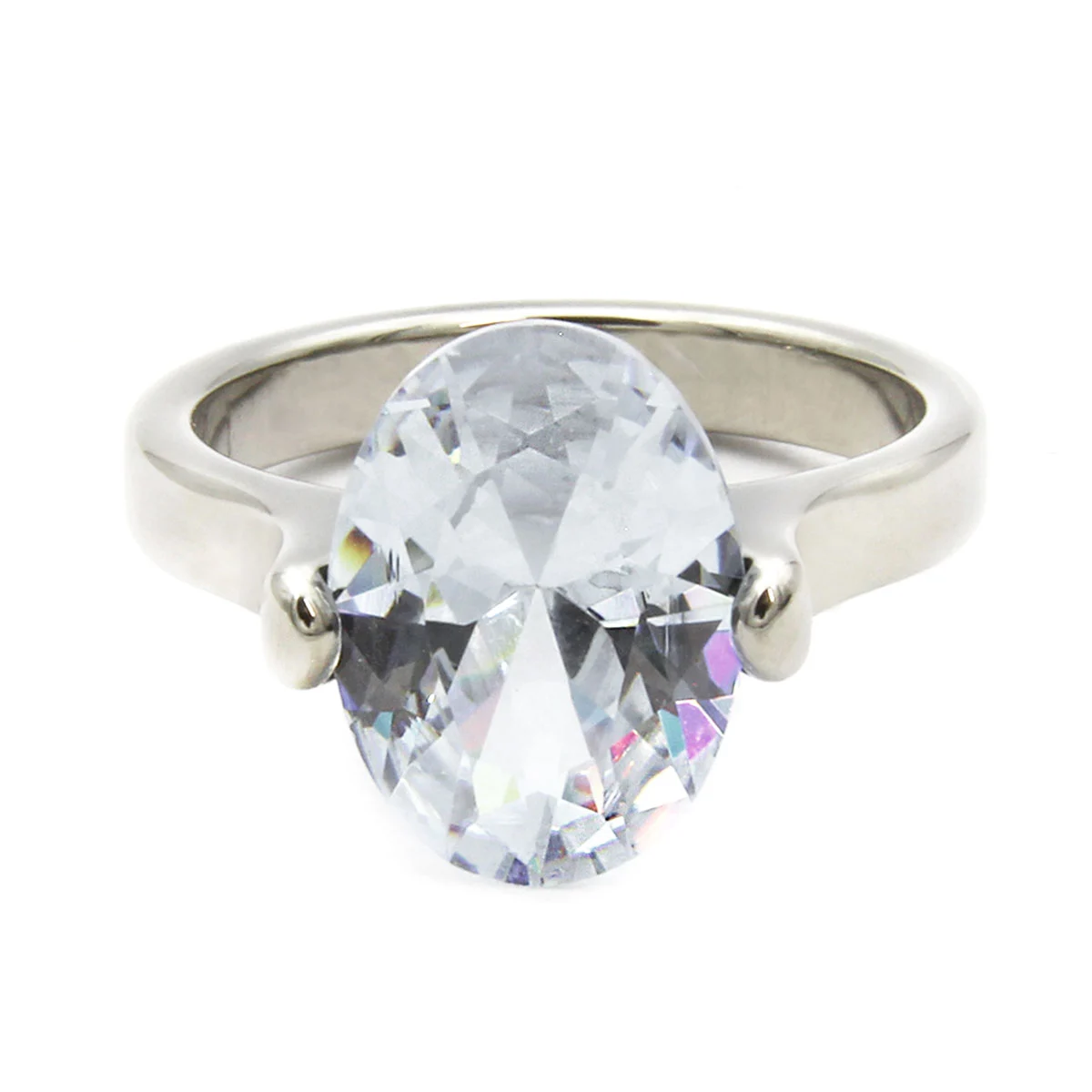 Anillo Acero Plateado Cocktail Zirconia Grande Ovalada