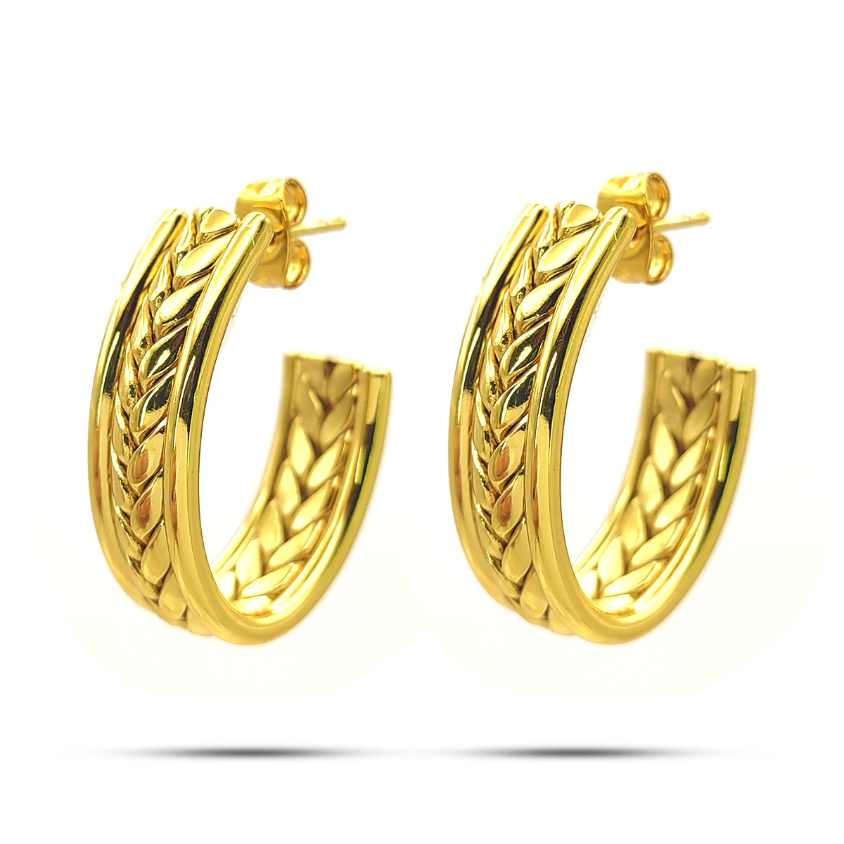 Aretes Acero Inox Dorado Arracadas Ovales Trenza Central