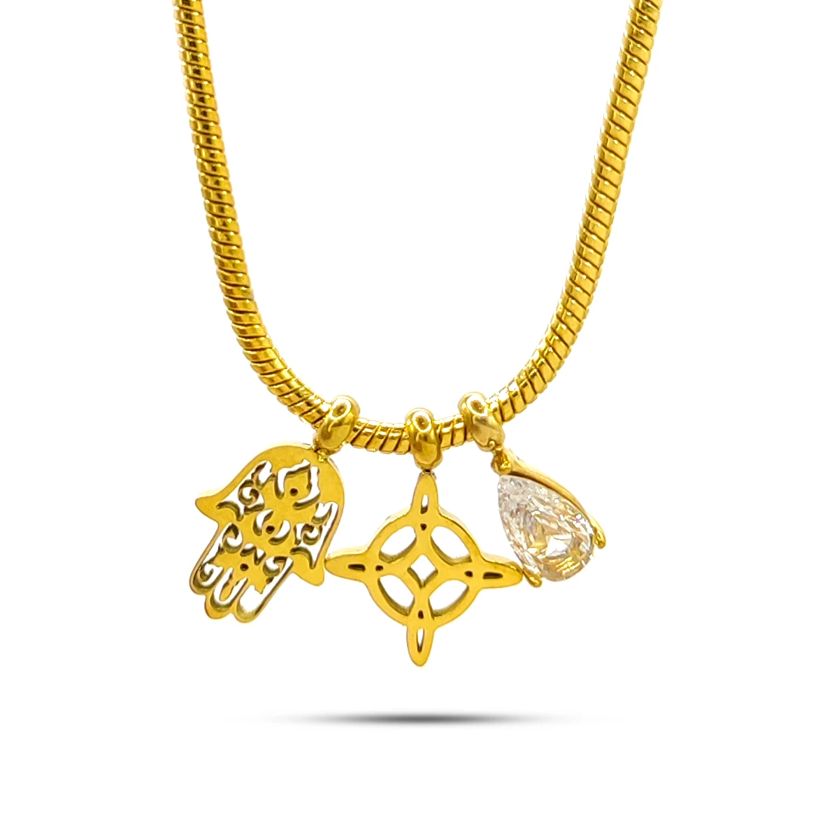 Collar Acero Dorado Nudo de Bruja Mano Fatima Proteccion