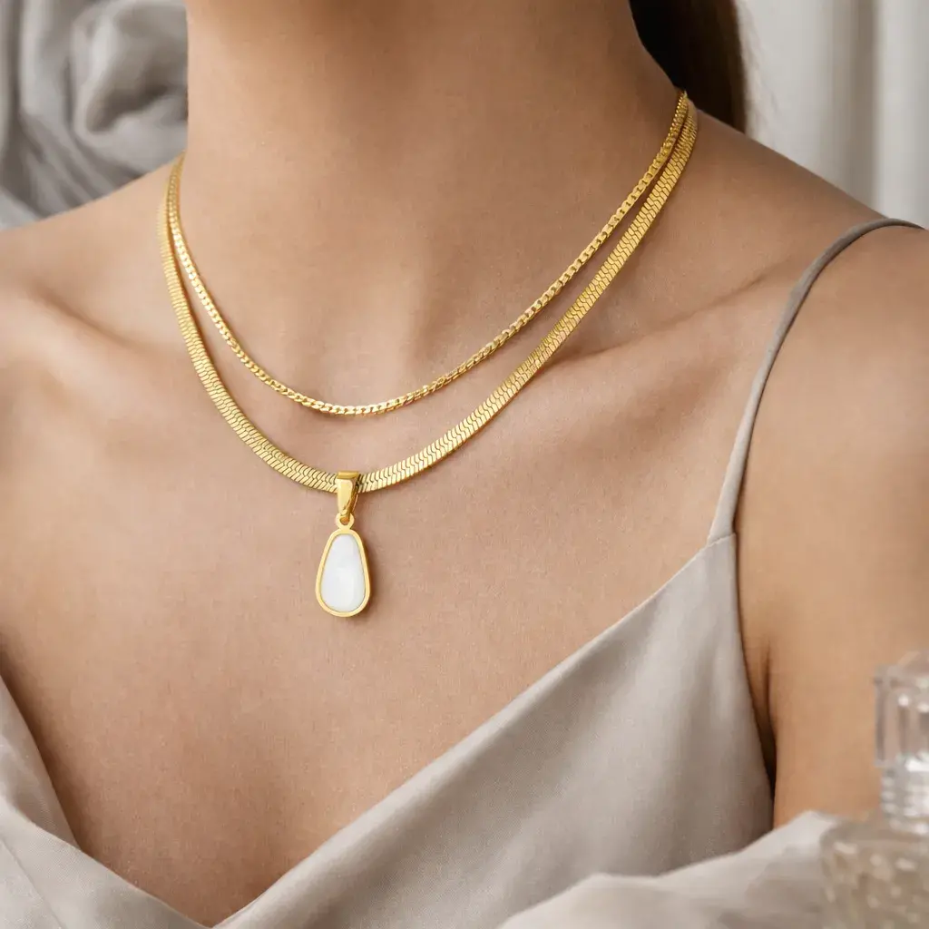 Collar Acero Dorado Doble Cadena Dije Gota Madre Perla