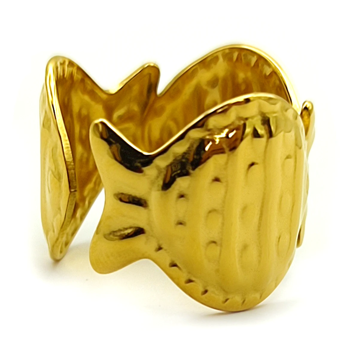 Anillo Acero Dorado Ancho Estriado Martillado Ajustable