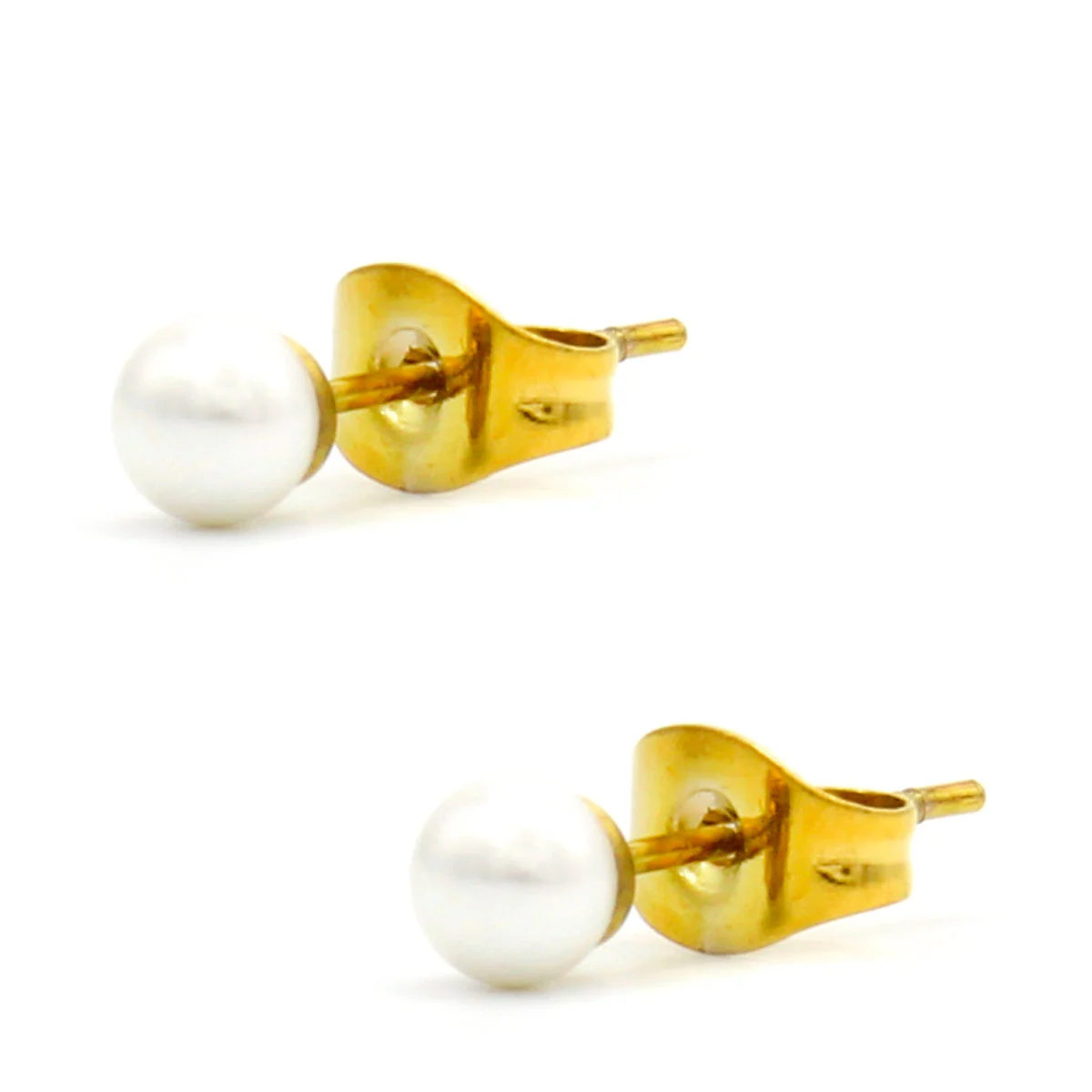 Aretes Acero Dorado Tipo Broquel Imitacion Perla 4mm