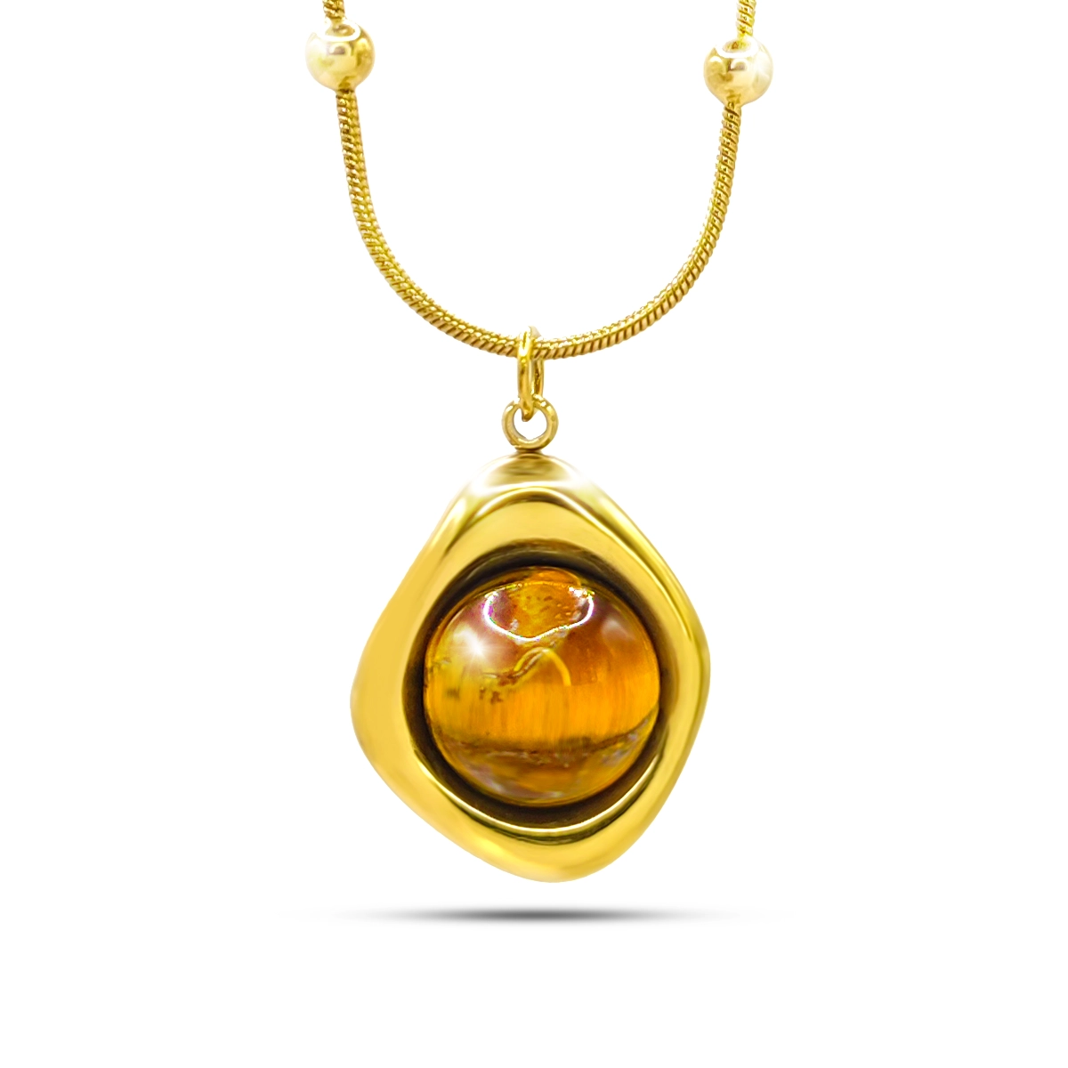 Collar Acero Dorado Balines Marco Irregular Ojo de Tigre