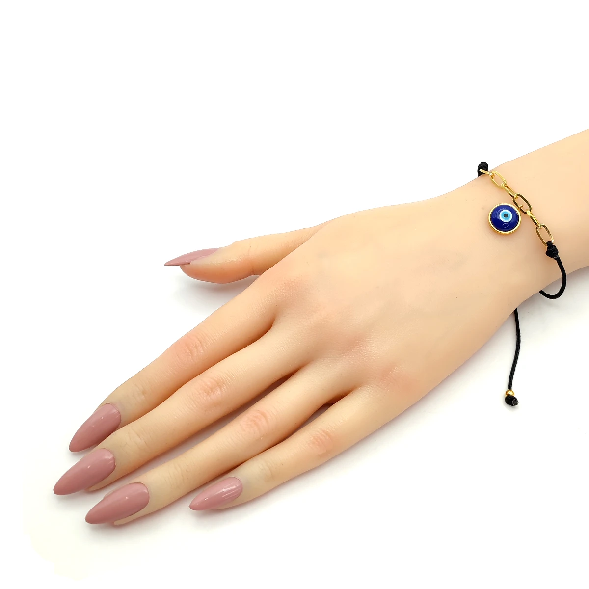 Pulsera Acero Dorado Hilo Negro Ojo turco Azul Recorrible
