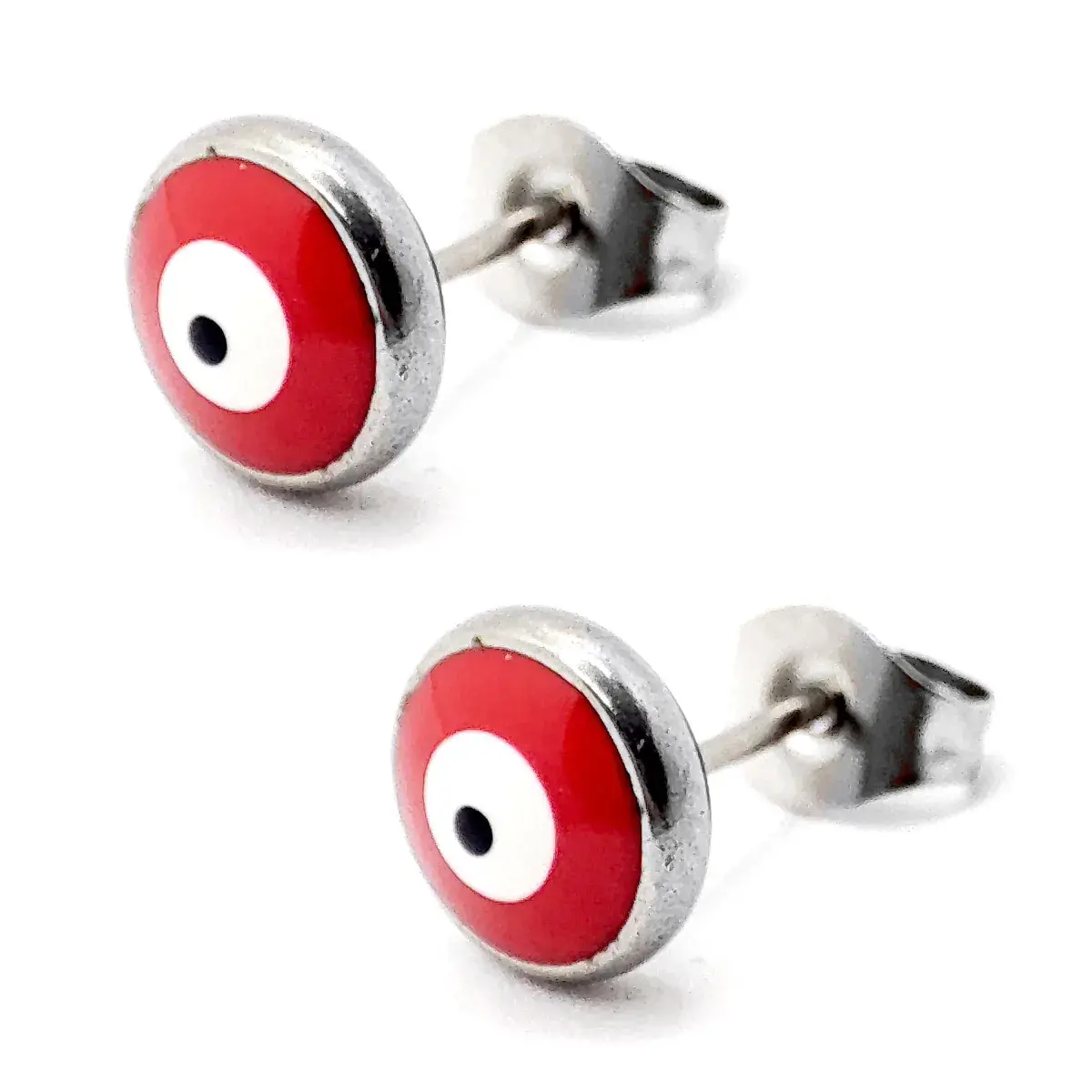 Aretes Acero Plateado Broquel Ojo Turco Nazar Rojo 8mm