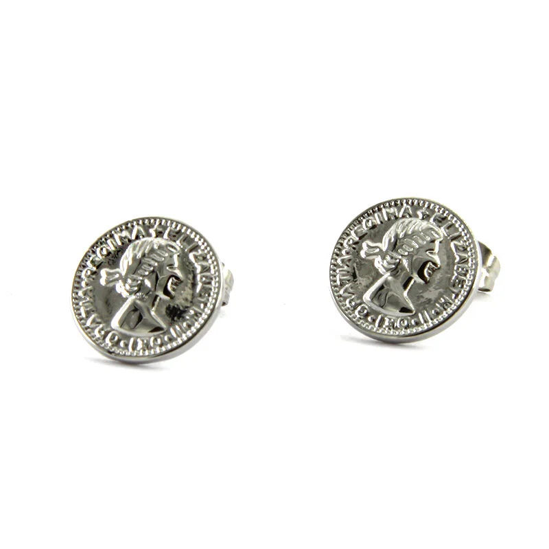 Aretes Acero Inox Plateado Moneda Elizabeth II 12x12mm