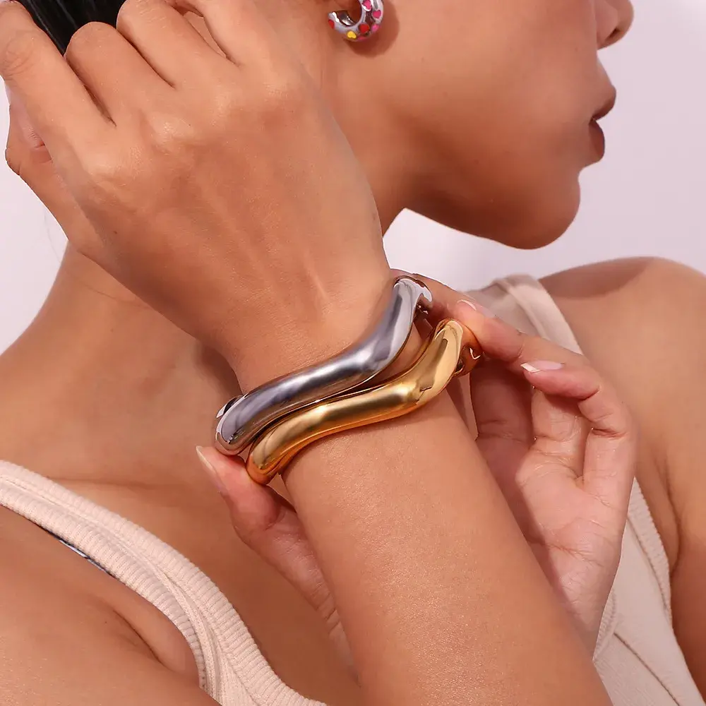 Pulsera Acero Dorado Onda Líquida Irregular Exagerada