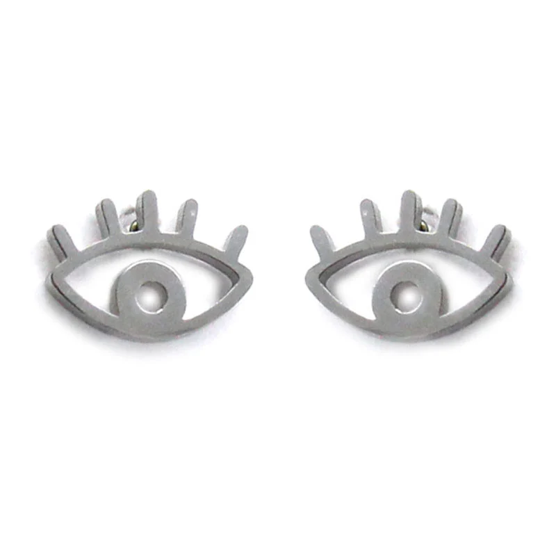 Aretes Tipo Broquel Acero Plateado Contorno Ojo Pestaña