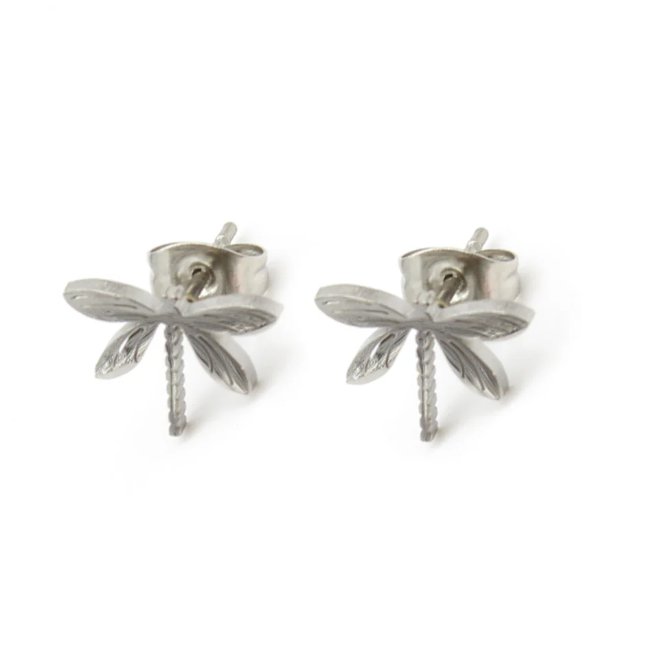 Aretes Broquel Acero Plateado Libelula Alas De Naturaleza