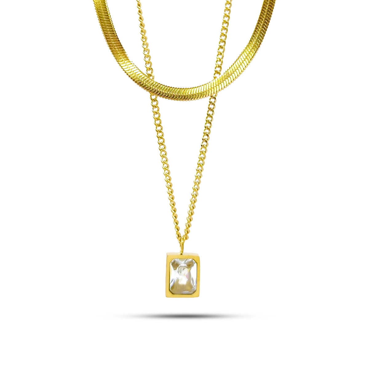 Collar Acero Dorado Doble Planchada Cubana Zirconia